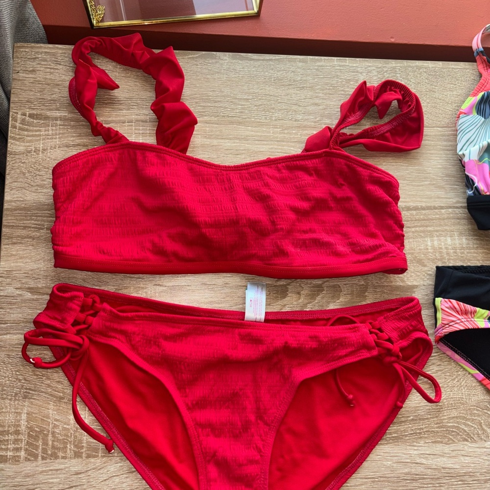 Red Bikini Set with Ruffle Straps